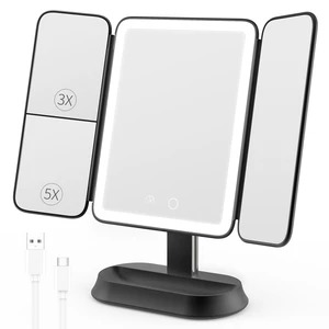 Rechargeable Lighted Makeup Mirror with 1X/3X/5X Magnification, Professional 3-Color LED Trifold Vanity Mirror, Smart Memory, Type-C Charging, Portable Beauty Mirror for Travel, Idea Gifts - Black Rechargeable Lighted Makeup Mirror with 1X/3X/5X Magnification, Professional 3-Color LED Trifold Vanity Mirror, Smart Memory, Type-C Charging, Portable Beauty Mirror for Travel, Idea Gifts - Black