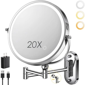 ZLOKLA 9" Wall Mounted Lighted Makeup Mirror,4000mAh Rechargeable Double Sided 1X/20X Magnifying Mirror with Light,Touch Dimmable,Extended Arm 360 Rotation Wall Mounted Makeup Mirror 3 Color Lights ZLOKLA 9" Wall Mounted Lighted Makeup Mirror,4000mAh Rechargeable Double Sided 1X/20X Magnifying Mirror with Light,Touch Dimmable,Extended Arm 360 Rotation Wall Mounted Makeup Mirror 3 Color Lights