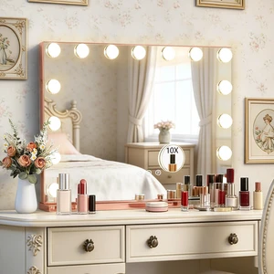 Ratsamee Rose Gold Hollywood Vanity Mirror with Lights, 15 Dimmable Bulbs, 3 Color Lights,Make Up Lighted Mirror, Aluminum Metal Frame, USB Charging Port23" x 18" Ratsamee Rose Gold Hollywood Vanity Mirror with Lights, 15 Dimmable Bulbs, 3 Color Lights,Make Up Lighted Mirror, Aluminum Metal Frame, USB Charging Port23" x 18"