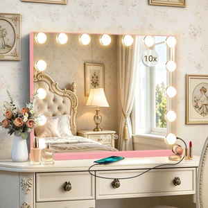 Ratsamee Pink Hollywood Vanity Mirror with Lights, 15 Dimmable Bulbs, 3 Color Lights,Make Up Lighted Mirror, Aluminum Metal Frame, USB Charging Port23" x 18" Ratsamee Pink Hollywood Vanity Mirror with Lights, 15 Dimmable Bulbs, 3 Color Lights,Make Up Lighted Mirror, Aluminum Metal Frame, USB Charging Port23" x 18"