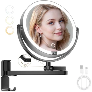 Brightown 8" Wall Mounted Makeup Mirror with Lights & Magnification 1X/10X | 4000mAh Rechargeable Dimmable Vanity Mirror, Extended Arm 360° Rotation, 3 Color Lights & Smart LED Digital Display, Black Brightown 8" Wall Mounted Makeup Mirror with Lights & Magnification 1X/10X | 4000mAh Rechargeable Dimmable Vanity Mirror, Extended Arm 360° Rotation, 3 Color Lights & Smart LED Digital Display, Black