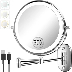VFD 8'' 30X/1X Wall Mounted Lighted Magnifying Makeup Mirror with Lights | Double Sided Rechargeable Bathroom Mirror, 3 Color Lights Touch Dimmable Extended Arm 360 Rotation Light up Mirrors VFD 8'' 30X/1X Wall Mounted Lighted Magnifying Makeup Mirror with Lights | Double Sided Rechargeable Bathroom Mirror, 3 Color Lights Touch Dimmable Extended Arm 360 Rotation Light up Mirrors