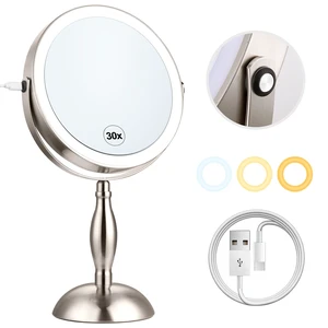 Makeup Mirror with Light - Brushed Nickel, 30x Makeup Mirror with 3 Colors | 5000mAh Vanity Mirror - 360° Rotation, Brightness Adjustable Magnification, Modern Style Side Touch + Side Charge Makeup Mirror with Light - Brushed Nickel, 30x Makeup Mirror with 3 Colors | 5000mAh Vanity Mirror - 360° Rotation, Brightness Adjustable Magnification, Modern Style Side Touch + Side Charge