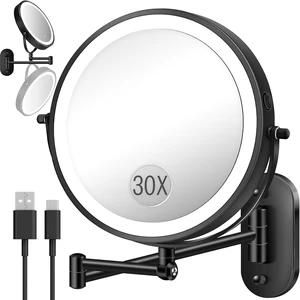 9'' 30X/1X Wall Mounted Height Adjustable Lighted Magnifying Makeup Mirror | 5000mAh Rechargeable Bathroom Mirror with 3 Color Modes Light, Extended Arm Space Saving for Apartment, Hotel, Rental House 9'' 30X/1X Wall Mounted Height Adjustable Lighted Magnifying Makeup Mirror | 5000mAh Rechargeable Bathroom Mirror with 3 Color Modes Light, Extended Arm Space Saving for Apartment, Hotel, Rental House