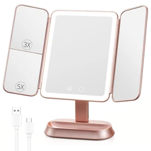 FRANO Lighted Makeup Mirror with 1X/3X/5X Magnification, Elegant Rose Gold Trifold Vanity Mirror, Smart Touch & Sensor, 3 Lighting Modes, Rechargeable Portable Mirror for Gift - Rose Gold FRANO Lighted Makeup Mirror with 1X/3X/5X Magnification, Elegant Rose Gold Trifold Vanity Mirror, Smart Touch & Sensor, 3 Lighting Modes, Rechargeable Portable Mirror for Gift - Rose Gold