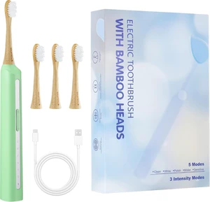 Sonic Electric Toothbrush with Bamboo Heads, Castor Oil Bristles, Green | Bamboo Electric Toothbrush, 5 Modes&3 Intensities, Smart Timer, 40000 VPM, IPX7 Waterproof, 45-Day Battery Life Sonic Electric Toothbrush with Bamboo Heads, Castor Oil Bristles, Green | Bamboo Electric Toothbrush, 5 Modes&3 Intensities, Smart Timer, 40000 VPM, IPX7 Waterproof, 45-Day Battery Life