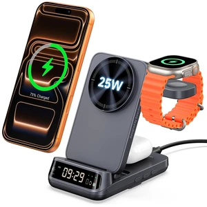 25W 3 in 1 MagSafe Charger Stand for iPhone 18/Duo, Apple Watch, AirPods | 25W MagSafe fast charging, Foldable travel stand, Dimmable LED clock, 5W Fast charging for Apple Watch, Nightstand mode, 708M 25W 3 in 1 MagSafe Charger Stand for iPhone 18/Duo, Apple Watch, AirPods | 25W MagSafe fast charging, Foldable travel stand, Dimmable LED clock, 5W Fast charging for Apple Watch, Nightstand mode, 708M