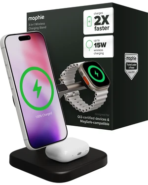 Mophie 3-in-1 Wireless Charging Stand - Qi2-Certified w/Up to 15W Power | MagSafe Charger for iPhone, Apple Watch & AirPods, Fast Charging Station w/ Adjustable Phone Stand & Cable Management, Black Mophie 3-in-1 Wireless Charging Stand - Qi2-Certified w/Up to 15W Power | MagSafe Charger for iPhone, Apple Watch & AirPods, Fast Charging Station w/ Adjustable Phone Stand & Cable Management, Black