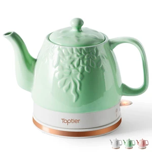 Toptier Electric Ceramic Tea Kettle, Boil Water Quickly and Easily, Detachable Swivel Base & Boil Dry Protection, Carefree Auto Shut Off, 1 L, Green Leaf Toptier Electric Ceramic Tea Kettle, Boil Water Quickly and Easily, Detachable Swivel Base & Boil Dry Protection, Carefree Auto Shut Off, 1 L, Green Leaf