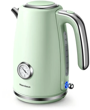 Narcissus Electric Kettle Retro, 1.7 Liter & 1500 Watts Rapid Boils, One-Touch Lid Opening, with Precise Thermometer Dial & Water Level Window, 304 Stainless Steel Interior & BPA Free Materials, Green Narcissus Electric Kettle Retro, 1.7 Liter & 1500 Watts Rapid Boils, One-Touch Lid Opening, with Precise Thermometer Dial & Water Level Window, 304 Stainless Steel Interior & BPA Free Materials, Green