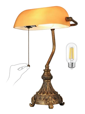 Newrays Vintage Amber Glass Bankers Desk Lamp,LED Bulb Included | Home Office Library with Pull Chain Switch Plug in Fixture Newrays Vintage Amber Glass Bankers Desk Lamp,LED Bulb Included | Home Office Library with Pull Chain Switch Plug in Fixture