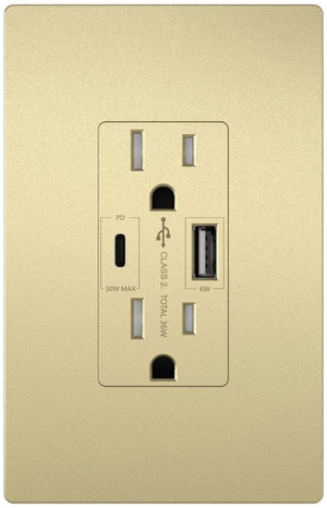 LIDER USB-C 36W Power Delivery Wall Outlet, 15A Tamper-Resistant Receptacle | Matte Gold, Interchangeable Face Cover, Type-A & Type-C USB Ports, Plate Included, UL Listed, Tough And Heat Resistant LIDER USB-C 36W Power Delivery Wall Outlet, 15A Tamper-Resistant Receptacle | Matte Gold, Interchangeable Face Cover, Type-A & Type-C USB Ports, Plate Included, UL Listed, Tough And Heat Resistant