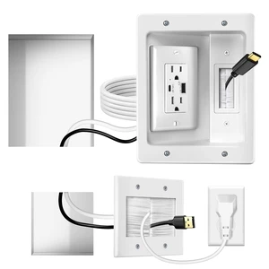 in-Wall Cable Management Kit, AC + USB-A + USB-C Outlet, 9 ft Cord | Recessed outlet, brush wall plate and 9 ft cord for TV, home theater and wall-mounted cable routing. in-Wall Cable Management Kit, AC + USB-A + USB-C Outlet, 9 ft Cord | Recessed outlet, brush wall plate and 9 ft cord for TV, home theater and wall-mounted cable routing.