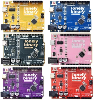 Lonely Binary 6-Pack UNO R3 ATmega328P USB-C Rainbow | Compatible with C++ & Python; 6 colors, ENIG; 16MHz, 32KB Flash; pre-soldered, 14 I/O + 6 analog; UNO shield compatible Lonely Binary 6-Pack UNO R3 ATmega328P USB-C Rainbow | Compatible with C++ & Python; 6 colors, ENIG; 16MHz, 32KB Flash; pre-soldered, 14 I/O + 6 analog; UNO shield compatible