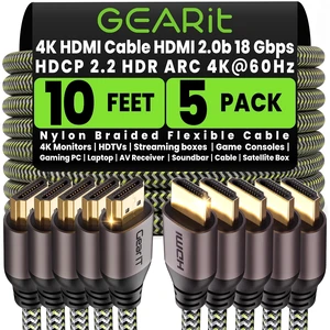 GEARit 5 Pack 16.5 Ft HDMI Cable 4K, Long Braided HDMI 2.0b High Speed Cord | Nylon Braided HDMI 2.0b Cord, 18Gbps 4K 60Hz HDCP 2.2 HDR ARC, 10 ft long reach, for Wall-Mount TV & Gaming