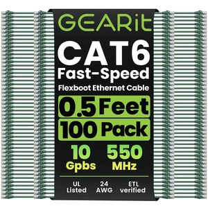 GEARit Cat6 Ethernet Patch Cable 0.5ft Green 100-Pack Cat 6 Patch Cords | 24 AWG Pure Copper, Gold Plated RJ45, Snagless Molded Boot, 10Gbps Gigabit, Rack and Patch Panel Jumpers GEARit Cat6 Ethernet Patch Cable 0.5ft Green 100-Pack Cat 6 Patch Cords | 24 AWG Pure Copper, Gold Plated RJ45, Snagless Molded Boot, 10Gbps Gigabit, Rack and Patch Panel Jumpers