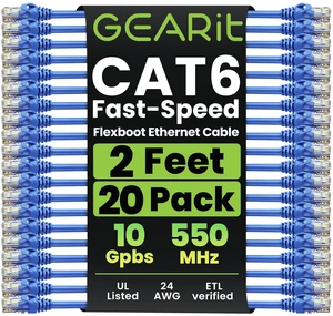 GEARit Cat6 Ethernet Patch Cable 2ft Blue 20-Pack Cat 6 Patch Cords | 24 AWG Pure Copper, Gold Plated RJ45, Snagless Molded Boot, 10Gbps Gigabit, Rack and Patch Panel Jumpers GEARit Cat6 Ethernet Patch Cable 2ft Blue 20-Pack Cat 6 Patch Cords | 24 AWG Pure Copper, Gold Plated RJ45, Snagless Molded Boot, 10Gbps Gigabit, Rack and Patch Panel Jumpers