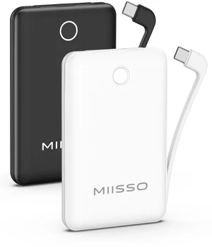 miisso 10000mAh Portable Charger, 2 Pack Black & White | Compatible with iPhone 15/16/17 and Android, Slim, Built in Cable, 3 Output USB Type C