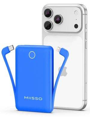 miisso 10000mAh Mini Portable Charger with Built in Cable, Deepblue | Pocket Size Power Bank, Travel External Battery Pack for Phone, 3 Output, USB Type C Cord, Compatible with iPhone, Samsung