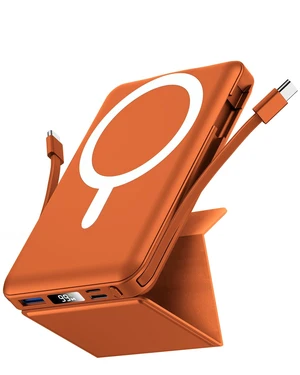 eailgeu for MagSafe Power Bank 10000mAh, Magnetic Portable Charger, Stand | 20W Fast Charging Battery Pack, Built-in USB-C Cables, LED Display, Travel Essential for iPhone 18/17/16/15/14/13/12, Orange