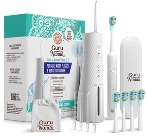 GuruNanda Electric Toothbrush & Water Flosser, 4 Toothbrush Heads, 4 Tips | Lion & Lamb 2.0 Water Flosser Cordless & Soft Electric Toothbrush for Adults|Travel Case & Pouch|Bulit-In Tip Storage|White