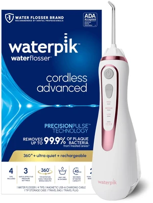 Waterpik Cordless Advanced Portable Water Flosser, Rechargeable, Rose Gold | 3 Settings, 4 Tips, Travel Bag, for Gums, Teeth, Dental Braces, Implants, Shower Use ADA Accepted WP-589 Packaging May Vary Waterpik Cordless Advanced Portable Water Flosser, Rechargeable, Rose Gold | 3 Settings, 4 Tips, Travel Bag, for Gums, Teeth, Dental Braces, Implants, Shower Use ADA Accepted WP-589 Packaging May Vary