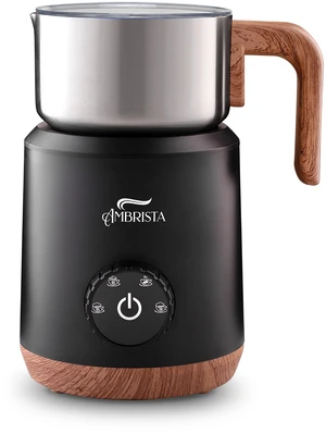 Ambrista Electric Milk Frother, Hot & Cold Foam, 16 oz, Wood-Look Handle | Hot or cold froth, heated milk and hot chocolate, one-touch controls, stainless steel cup, black control base