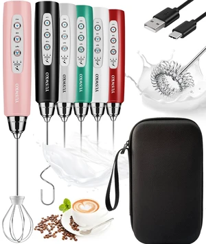 YUSWKO Handheld Milk Frother Wand for Coffee, Rechargeable Electric Whisk with 3 Heads 3 Speeds Drink Mixer Coffee Frother For Latte, Cappuccino, Hot Chocolate, Egg, Pink with Bag YUSWKO Handheld Milk Frother Wand for Coffee, Rechargeable Electric Whisk with 3 Heads 3 Speeds Drink Mixer Coffee Frother For Latte, Cappuccino, Hot Chocolate, Egg, Pink with Bag