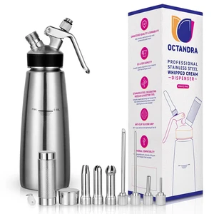 OCTANDRA 304 Stainless Steel Whipped Cream Dispenser 500mL/1 Pint Whip Cream Canister Maker Commercial Grade Whipping Siphon Cream Whipper with 3 Decorating Tips, 4 Injector Tips & Charger Holder OCTANDRA 304 Stainless Steel Whipped Cream Dispenser 500mL/1 Pint Whip Cream Canister Maker Commercial Grade Whipping Siphon Cream Whipper with 3 Decorating Tips, 4 Injector Tips & Charger Holder