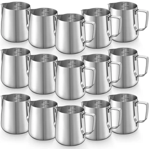 Honeydak 15 Pcs Milk Frothing Pitcher 304 Stainless Steel Steaming Pitchers for Coffee Bar Cappuccino Barista Tools Milk Jug Steamer Frother Cup, 12 oz, Silver Honeydak 15 Pcs Milk Frothing Pitcher 304 Stainless Steel Steaming Pitchers for Coffee Bar Cappuccino Barista Tools Milk Jug Steamer Frother Cup, 12 oz, Silver