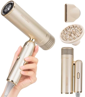 REITOW Travel Foldable Dual-Voltage Plasma High-Speed Hair Dryer in Gold | 100-240V|International Travel|Diffuser, European Adaptor & Storage Bag Included|Compact|Lightweight|Cool Shot|All Hair Types REITOW Travel Foldable Dual-Voltage Plasma High-Speed Hair Dryer in Gold | 100-240V|International Travel|Diffuser, European Adaptor & Storage Bag Included|Compact|Lightweight|Cool Shot|All Hair Types