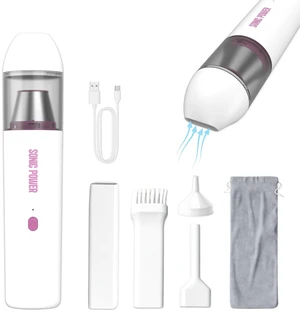 SonicPower Portable Cordless Car Vacuum, 15000Pa High Suction Handheld Vacuum Cleaner, 2-in-1 Vacuum & Blower, with 4 Attachments & Portable Storage Bag for Car, Home, Pet & Office (White & Pink)