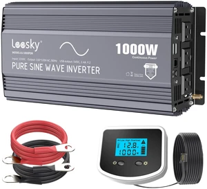1000 Watt Pure Sine Wave Power Inverter 12V to 110V 120V for RV Off-Grid | With LCD Remote Control and Lithium Battery Compatibility, For Starlink Car RV Truck Off-Grid Home Solar System