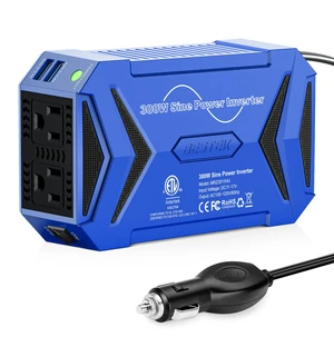 BESTEK Pure Sine Wave Power Inverter, 300W DC 12-17V to 110V AC Car Adapter | Vehicle Plug in Cigarette Lighter Outlet Solar Inverter, 4.8A Dual USB Fast Charging Ports for Phone, Laptop, CPAP(Blue) BESTEK Pure Sine Wave Power Inverter, 300W DC 12-17V to 110V AC Car Adapter | Vehicle Plug in Cigarette Lighter Outlet Solar Inverter, 4.8A Dual USB Fast Charging Ports for Phone, Laptop, CPAP(Blue)