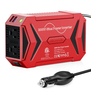 BESTEK Pure Sine Wave Power Inverter - 300W Car Plug in Charger Outlet DC 12V to 110V AC - Cigarette Lighter Adapter 4.8A Dual USB Fast Charging Ports for Laptop - Aluminum Housing - Red BESTEK Pure Sine Wave Power Inverter - 300W Car Plug in Charger Outlet DC 12V to 110V AC - Cigarette Lighter Adapter 4.8A Dual USB Fast Charging Ports for Laptop - Aluminum Housing - Red