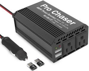 Pro Chaser 400W Car Power Inverter 12V DC to 110V AC Car Truck RV | Inverter 6.2A Dual USB Charging Ports for Road Trips (Type C Adaptors Included) Pro Chaser 400W Car Power Inverter 12V DC to 110V AC Car Truck RV | Inverter 6.2A Dual USB Charging Ports for Road Trips (Type C Adaptors Included)