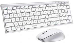 seenda COE401 Bluetooth Keyboard Mouse Combo, Rechargeable, White Silver | Silent rechargeable keyboard and mouse with 3-device connection for Windows, Mac, iPad, and laptops. seenda COE401 Bluetooth Keyboard Mouse Combo, Rechargeable, White Silver | Silent rechargeable keyboard and mouse with 3-device connection for Windows, Mac, iPad, and laptops.