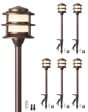 3-Tier Pagoda Low Voltage Pathway Lights with Bulbs 6-Pack, ORB Aluminum | G4 3W 3000K Replaceable Bulbs, ETL Listed Wire, IP65 12V AC/DC, Frosted Glass Shade, for Yard, Garden, Walkway, Driveway 3-Tier Pagoda Low Voltage Pathway Lights with Bulbs 6-Pack, ORB Aluminum | G4 3W 3000K Replaceable Bulbs, ETL Listed Wire, IP65 12V AC/DC, Frosted Glass Shade, for Yard, Garden, Walkway, Driveway