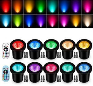Motrackcao 10 Pack RGB Low Voltage Landscape Lights, 10W 1200LM Color Changing LED Well Lights with 20 Connectors, IP67 Waterproof Outdoor In Ground Lights 12V-24V for Pathway Garden Yard Tree