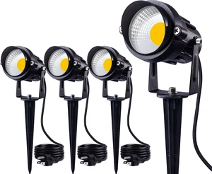 SUNVIE 12W LED Outdoor Spotlight Waterproof Landscape Spot Lights for Yard | 3000K Warm White, COB LED Plug In Landscape Outdoor Spotlights with Spiked Stand for Lawn Garden Lamp US 3-Plug, 4 Pack