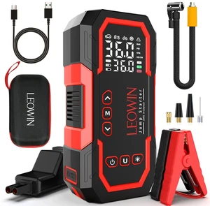 LEOWIN Jump Starter with Air Compressor Portable, Red | 4500A 12V Car Battery Jumper Starter (9.0 Gas/6.5L Diesel) with 150PSI Tire Inflator, with Smart Jumper Cables, LED Light LEOWIN Jump Starter with Air Compressor Portable, Red | 4500A 12V Car Battery Jumper Starter (9.0 Gas/6.5L Diesel) with 150PSI Tire Inflator, with Smart Jumper Cables, LED Light