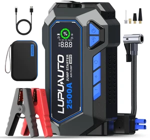 2500A Jump Starter with 150PSI Air Compressor 12V Battery Box Jumper Pack | 7.5L Gas, 5L Diesel, Low Voltage Forced Start, LCD Display, 400LM Emergency Flashlight