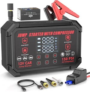 Jump Starter with Air Compressor, 4000A Peak 12V Car Battery Starter, 150 PSI Tire Inflator with Auto Shut-Off, LED Display and Light, for Gasoline and Diesel Engines up to 10L Jump Starter with Air Compressor, 4000A Peak 12V Car Battery Starter, 150 PSI Tire Inflator with Auto Shut-Off, LED Display and Light, for Gasoline and Diesel Engines up to 10L