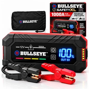 BULLSEYE SafetyXL 1000A Car Battery Jump Starter Portable, 12V | Spark + Reverse Polarity Protection, 1800 mAh, Rechargeable Power Bank, LED Flashlight - for 6.0L Gas / 3.0L Diesel Engines