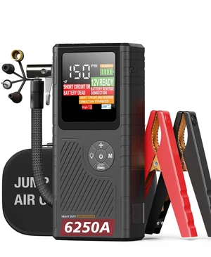 JFEGWO 6250A Jump Starter with Air Compressor, Car Battery Jump Starter with Boost for All Gas / 6.5L Diesel, 150PSI Tire Inflator & Auto Shutoff, Smart Screen, Portable Jump Box, 36-Month Standby