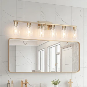 6 Light Bathroom Vanity Light Brushed Gold , Gold Bathroom Light Fixtures for Bathrrom Large Wall Sconce with Clear Glass Shade Rust and Moisture Prevention Easy to Install Vanity Lights over Mirror 6 Light Bathroom Vanity Light Brushed Gold , Gold Bathroom Light Fixtures for Bathrrom Large Wall Sconce with Clear Glass Shade Rust and Moisture Prevention Easy to Install Vanity Lights over Mirror