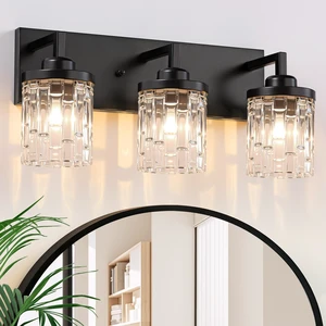 3 Light Black Bathroom Vanity Light, Modern Crystal Glass Light Over Mirror | 19.8" Vanity Lights Extra Large Backplate Matte Black Metal & Crystal Glass Shades, Anti-Rust for Bathroom Easy to Install 3 Light Black Bathroom Vanity Light, Modern Crystal Glass Light Over Mirror | 19.8" Vanity Lights Extra Large Backplate Matte Black Metal & Crystal Glass Shades, Anti-Rust for Bathroom Easy to Install