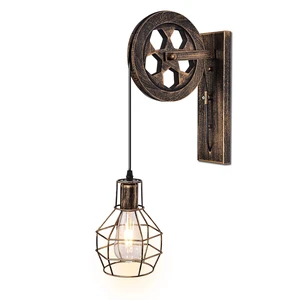 KUNGHEYFATCHOY 1 Light Fixture Industrial Mid Century Retro Iron Wall Lights Lift Pulley Wall Lamp Features The Matte Iron Cage Lamp Shade for Indoor Lighting Barn Restaurant (Rust Color)