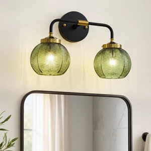 2 Light Bathroom Vanity Light: Black and Gold Wall Sconce Green Glass Shade | Mid Century Modern Bathroom Light Fixtures Over Mirror Hallway Cabinet Porch, Vintage Wall Sconces For Living Room Bedroom