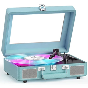 Vinyl Record Player Bluetooth Turntable with Built-in Speakers | Bluetooth Input, Bass & Treble, Light, Belt-Drive, RCA Output, AUX in,Headphone Jack, Auto Stop Clear Dust Cover, Blue LP Player